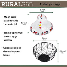 Load image into Gallery viewer, Chicken Egg Basket in Navy and Red Glass Lid and Round Wire Basket
