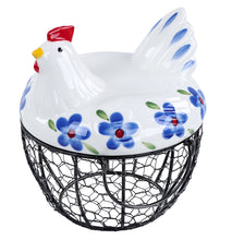 Load image into Gallery viewer, Chicken Egg Basket in Blue and Green Glass Lid and Round Wire Basket
