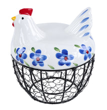 Load image into Gallery viewer, Chicken Egg Basket in Blue and Green Glass Lid and Round Wire Basket
