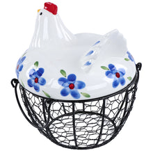 Load image into Gallery viewer, Chicken Egg Basket in Blue and Green Glass Lid and Round Wire Basket
