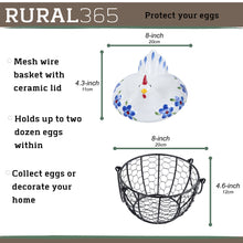 Load image into Gallery viewer, Chicken Egg Basket in Blue and Green Glass Lid and Round Wire Basket
